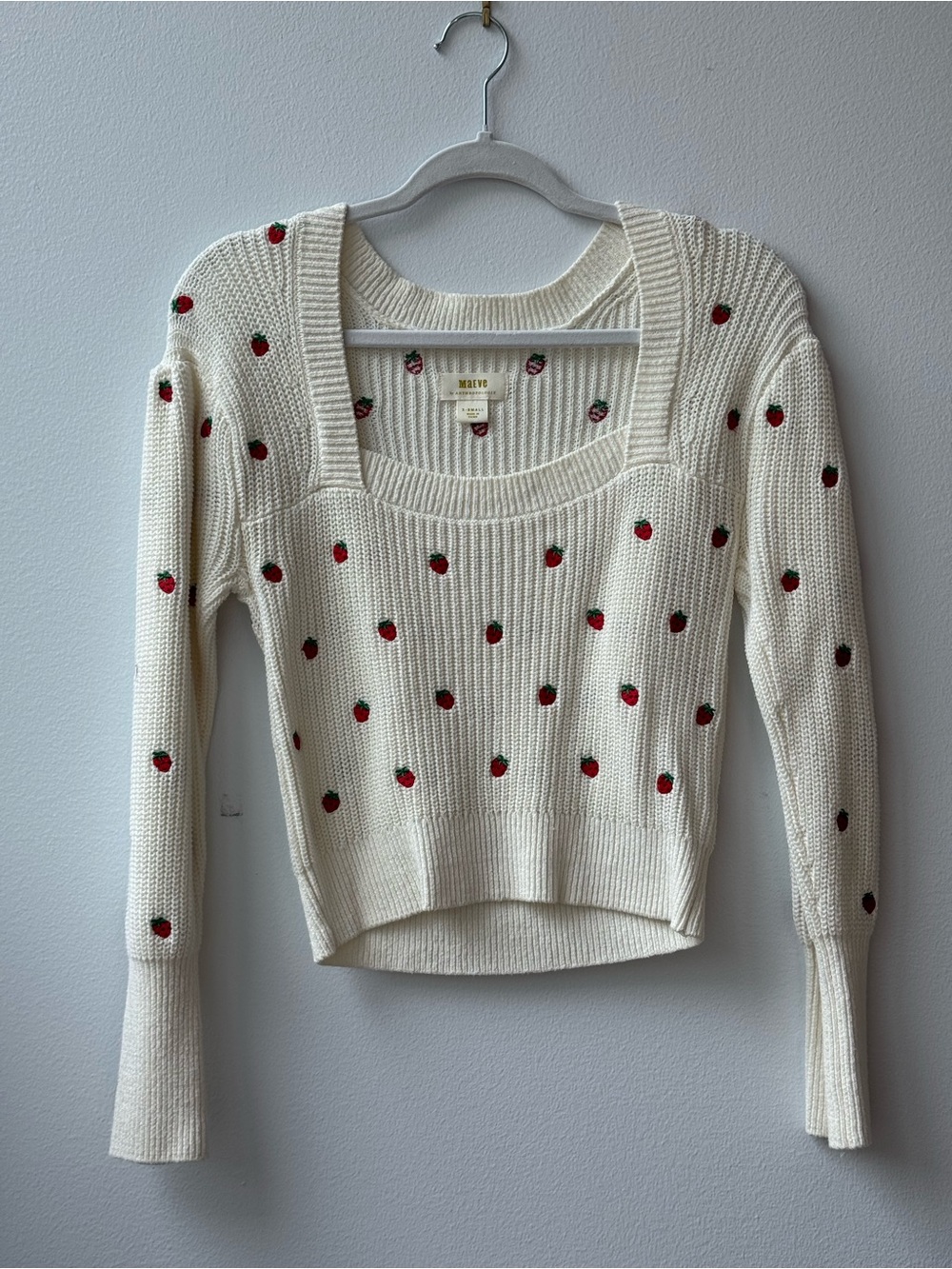 Maeve Cream Knit Sweater with Red Strawberry Motif